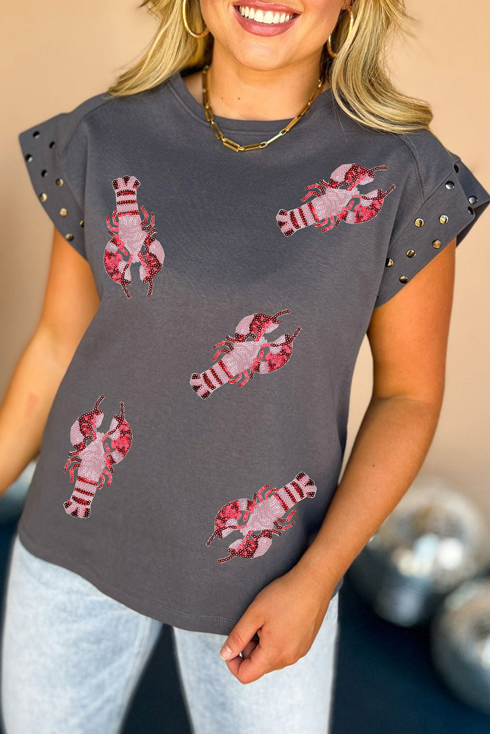 Dark Grey Sequin Crayfish Studded Cuff Crewneck T Shirt