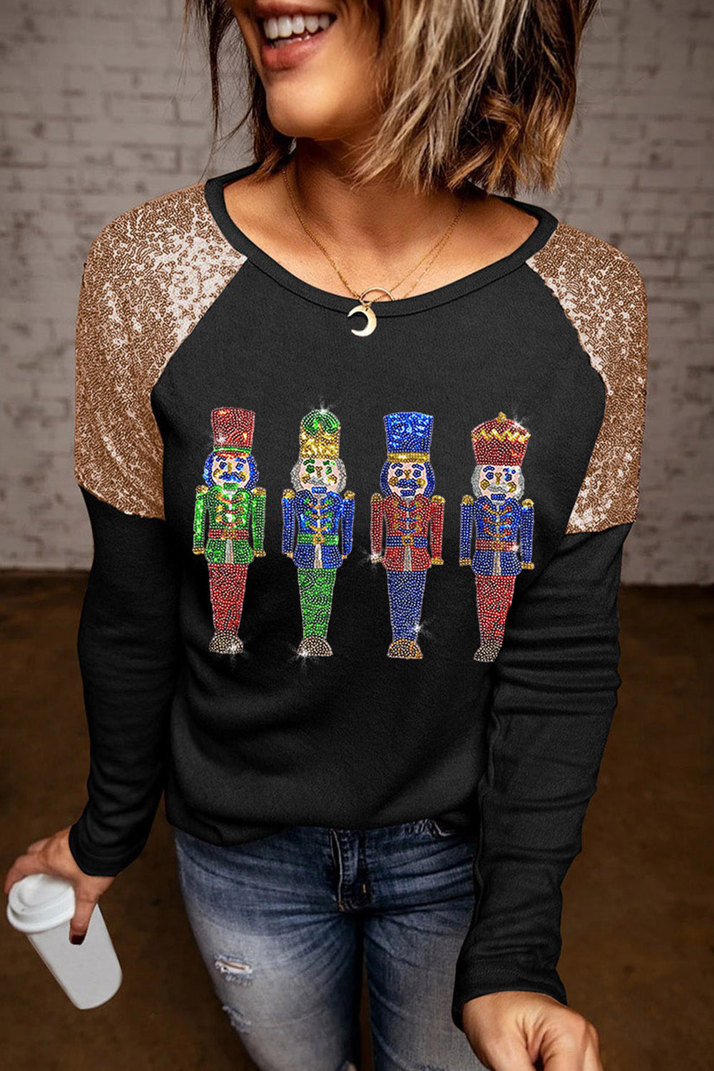 Black Sequined Raglan Sleeve Nutcracker Graphic Top