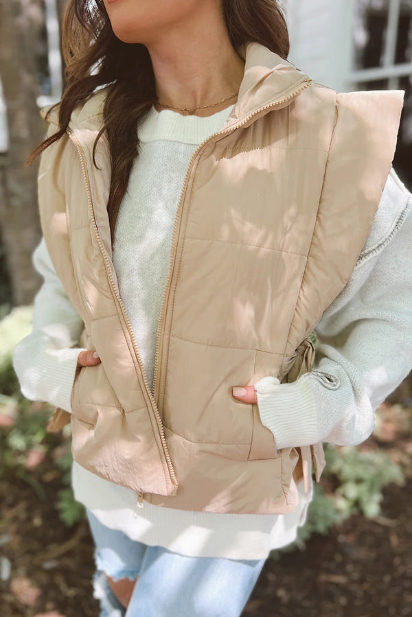 Parchment Solid Color Side Knot Zip Up Puffer Vest