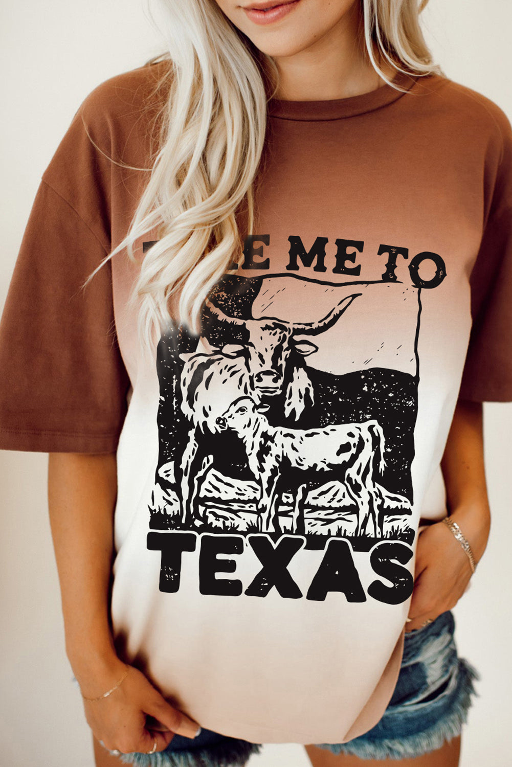 Brown TAKE ME TO TEXAS Cow Gradient Color Graphic Tee