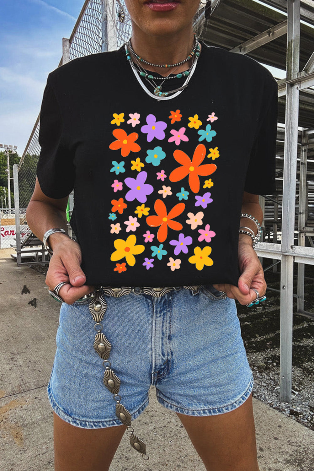 Black Flowers Print Loose Fit Crew Neck Casual Tee