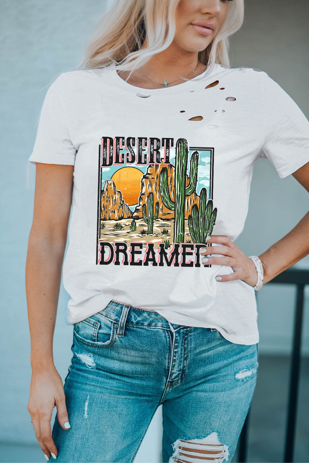 White DESERT DREAMER Western Cactus Print Ripped T Shirt