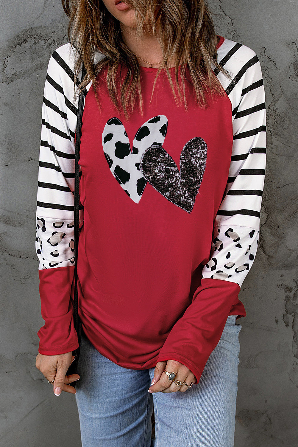 Red Double Heart Patch Contrast Long Sleeve Top