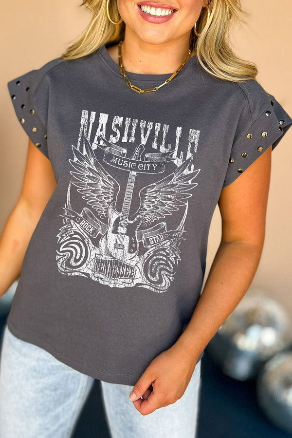 Dark Grey NASHVILLE Music City Stud Cuff Graphic Tee