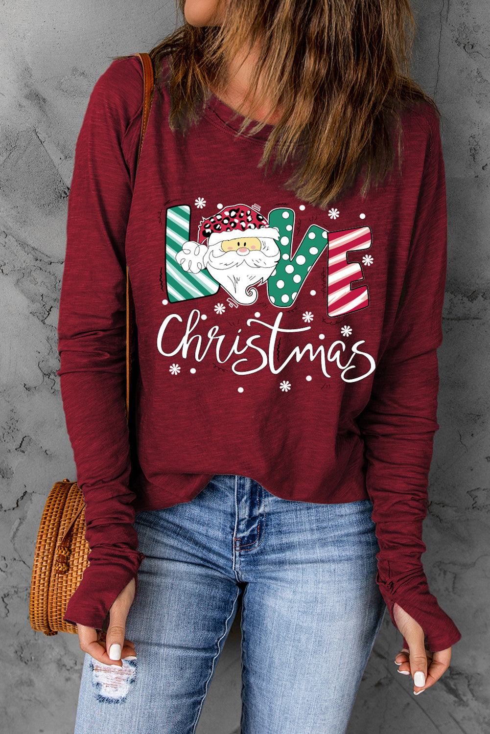 Red LOVE Christmas Santa Claus Thumbhole Sleeve Top