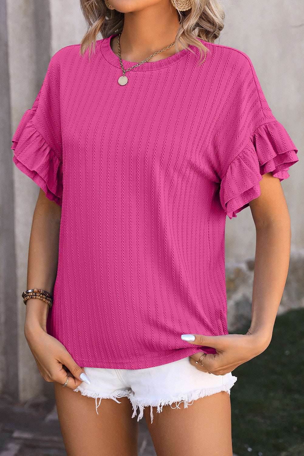 Bright Pink Ruffle Sleeve Textured Top