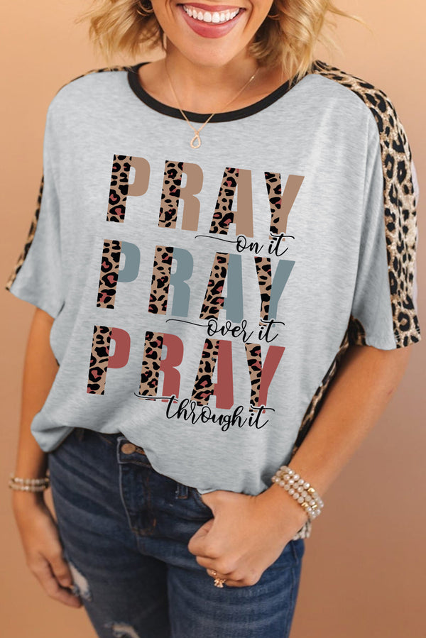 Gray PRAY Slogan Contrast Leopard Dolman Loose T Shirt