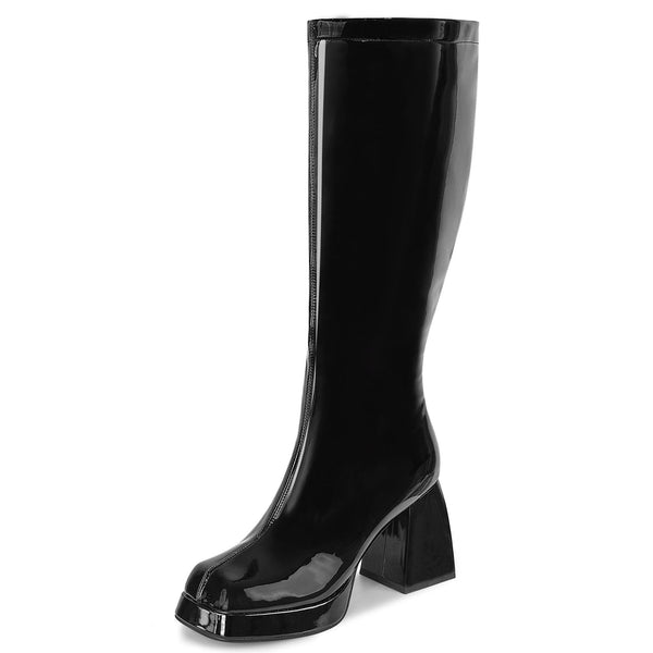 Tillbuy Black Leather Boots Platform Boots for Women Square Toe Chunky Block Heeled Boots