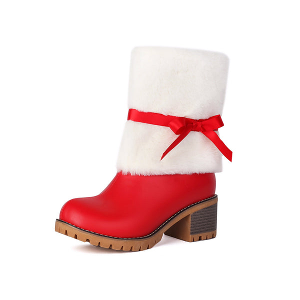 Tillbuy Christmas Plush Bow Snow Boots