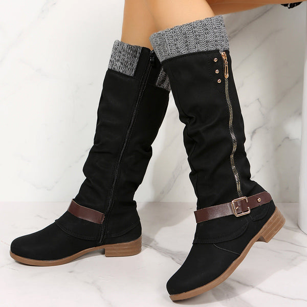 Tillbuy  Knit Patchwork Knee High Boots