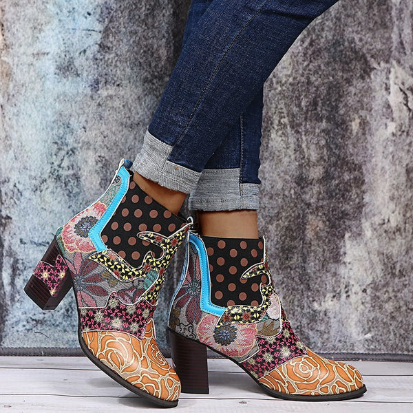 Bohemian high-heeled short leather boots