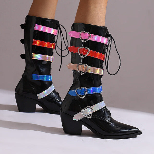 Tillbuy Heart Buckle Knee High Boots