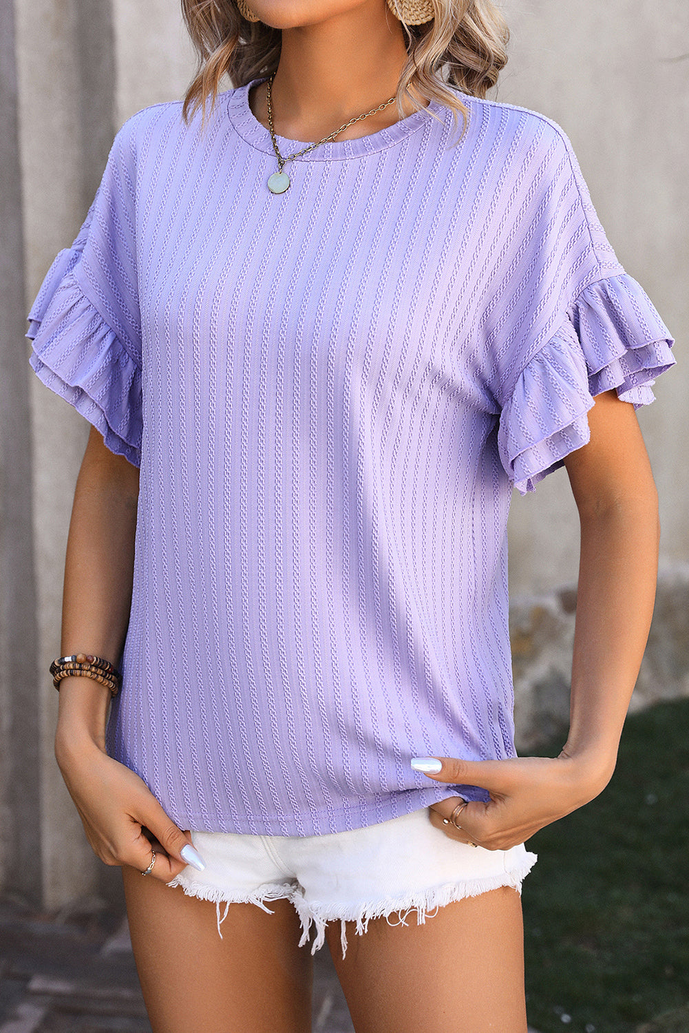 Orchid Petal Ruffle Sleeve Textured Top