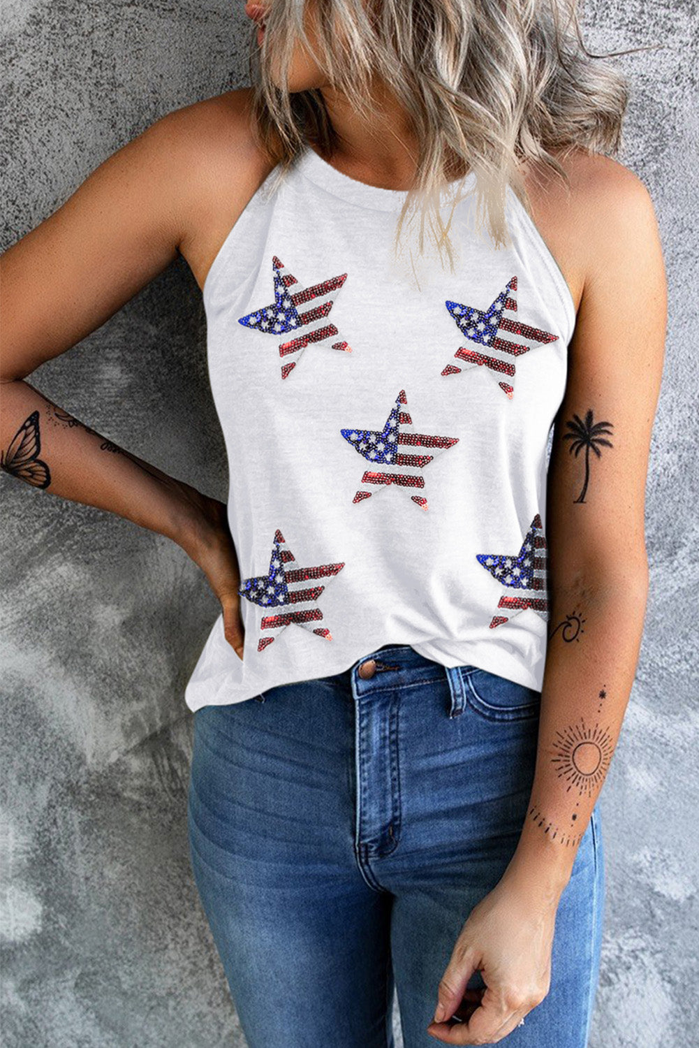 White Sequined American Flag Star Graphic Tank Top