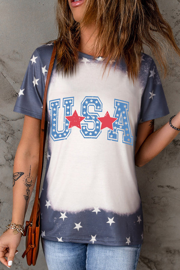 Blue USA Stars Bleached Print Crew Neck T Shirt