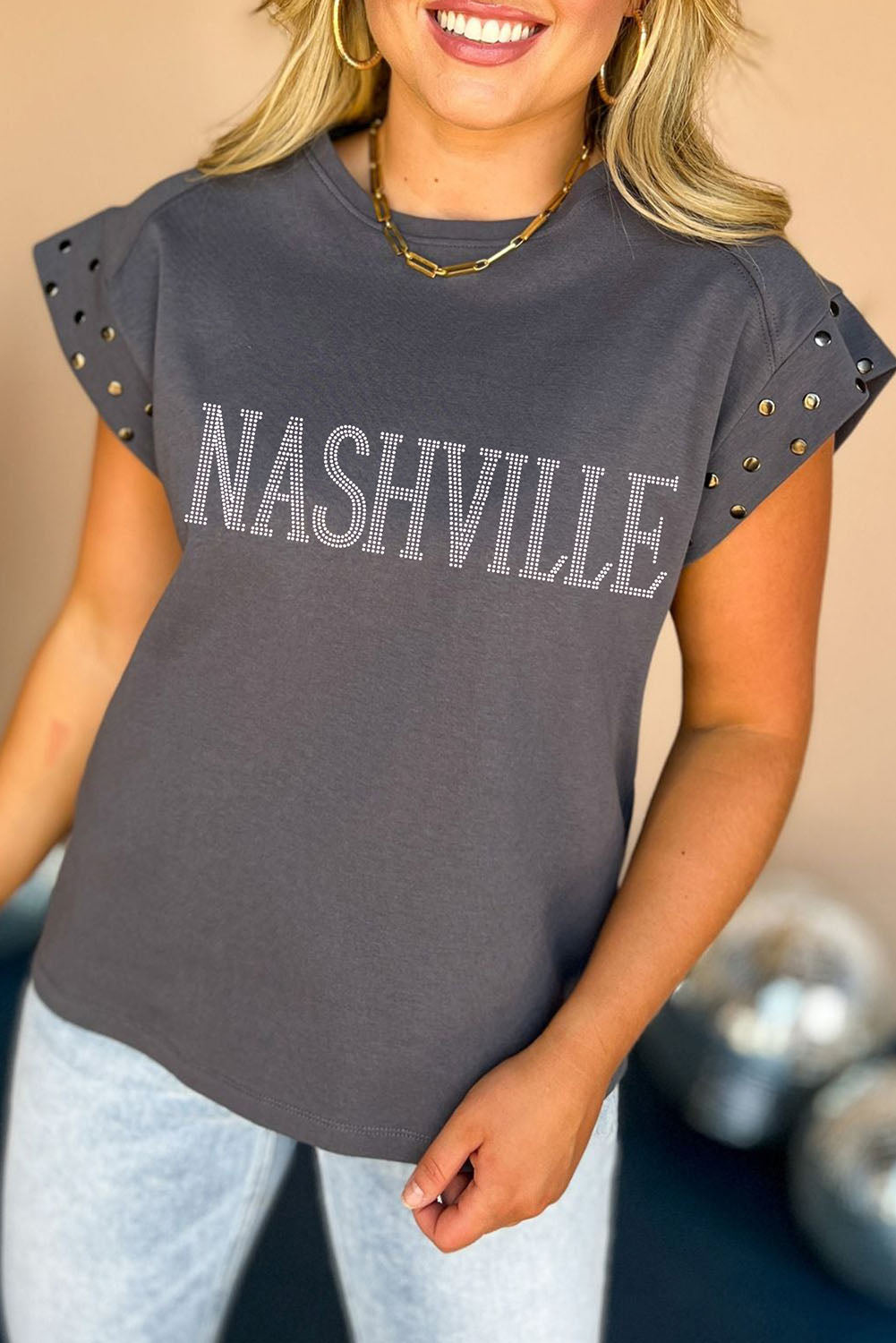 Dark Grey NASHVILLE Letter Graphic Studded Short Sleeve Top