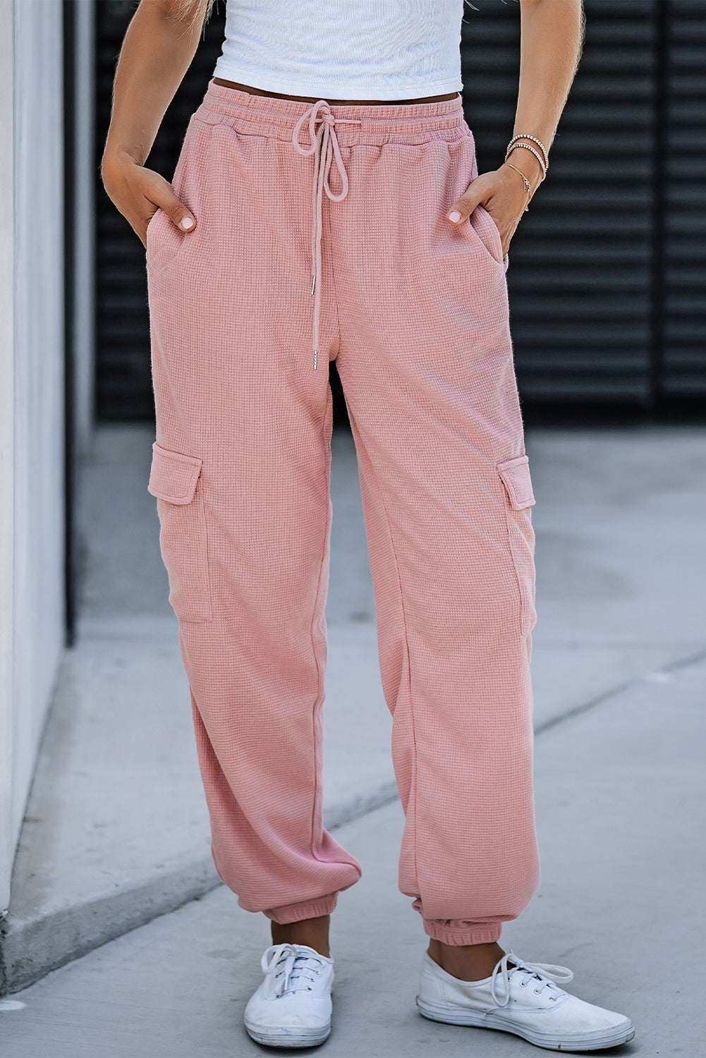 Pink Waffle Texture Cargo Pocket Jogger Pants