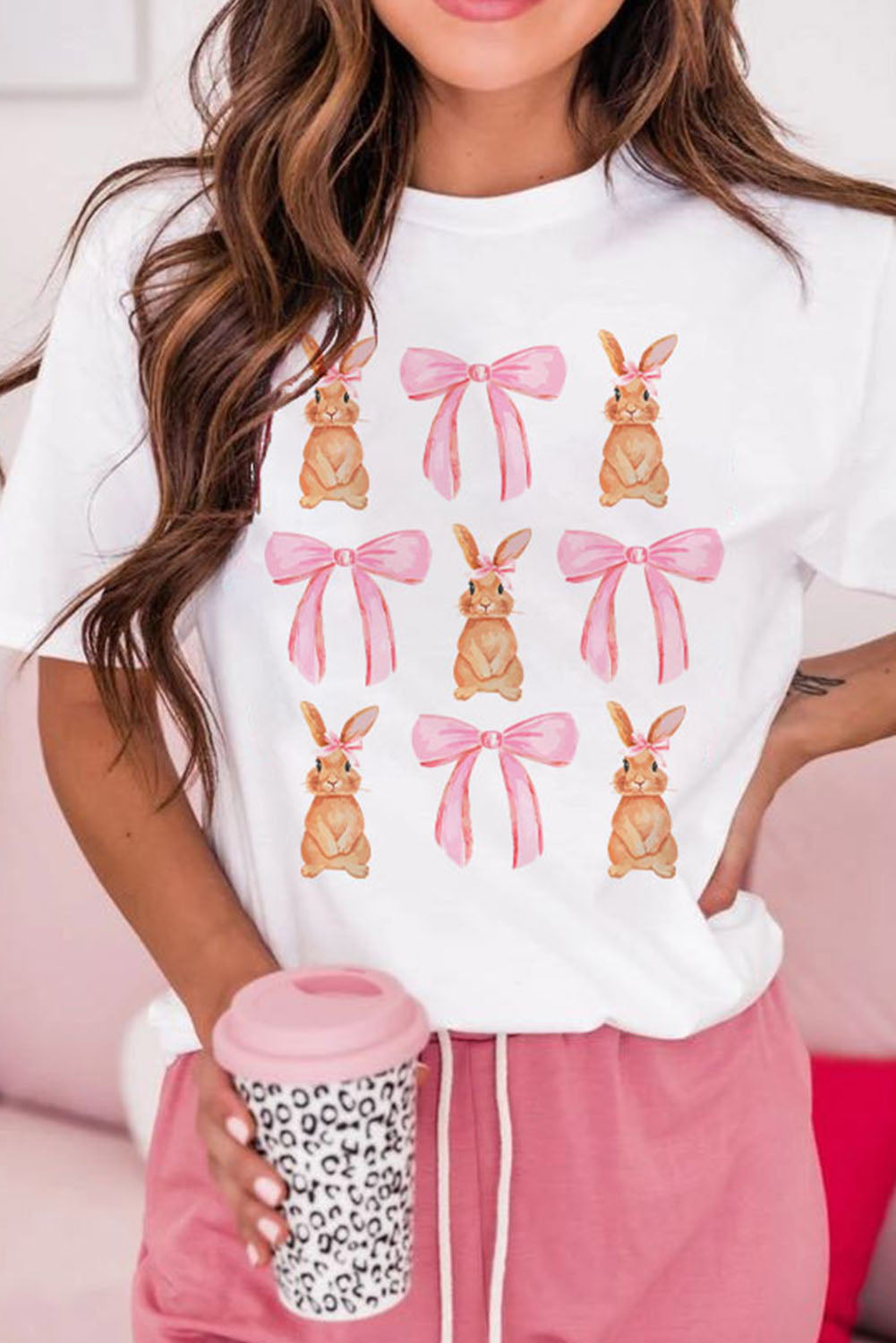 White Rabbit Bow Knot Print Crew Neck T Shirt