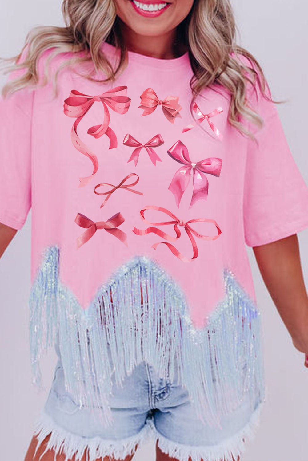 Pink Sweet Bowknot Graphic Fringed Hem T-shirt