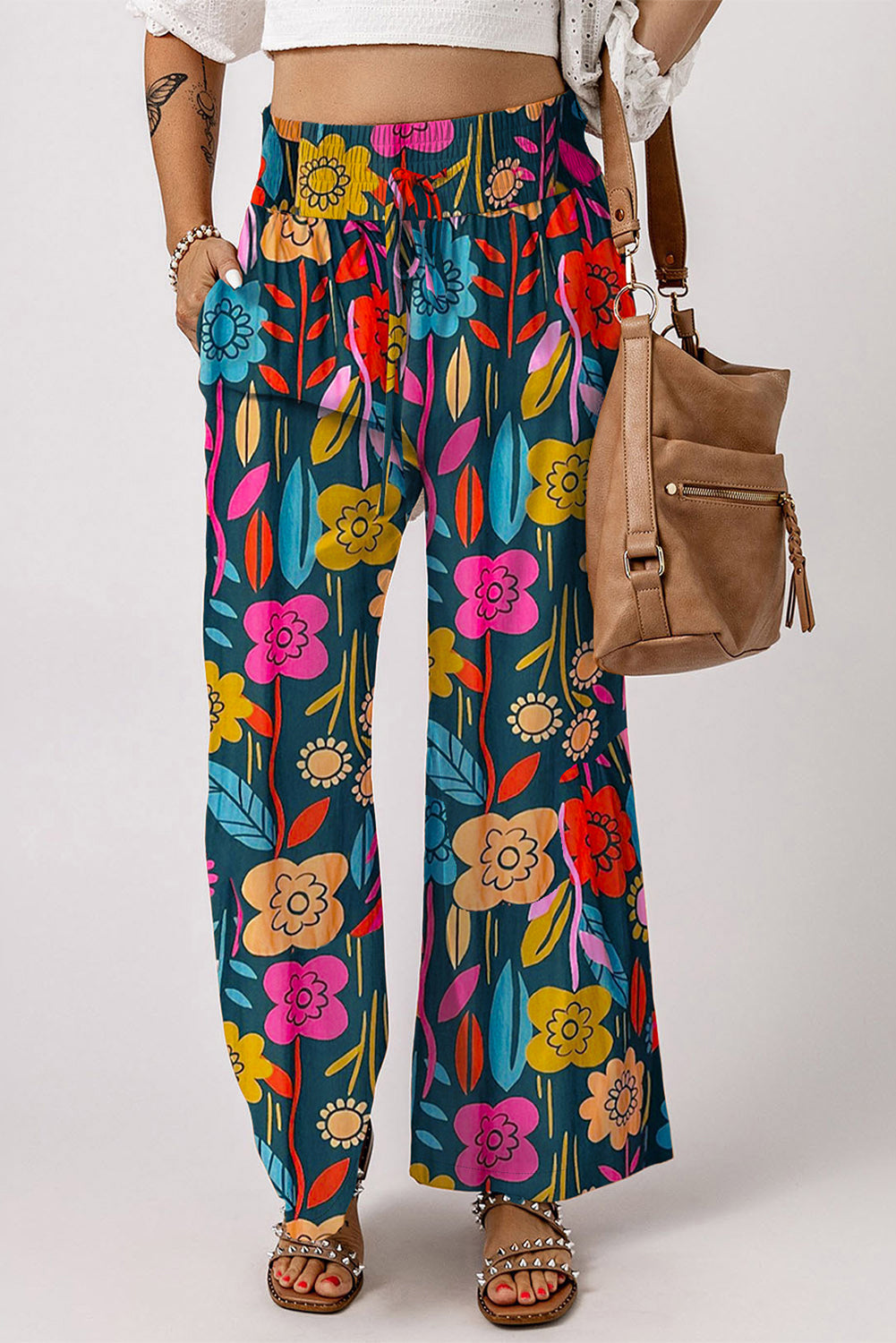 Green Floral Smocked Waist Loose Pants