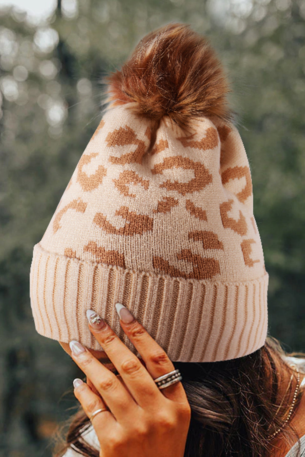 Light French Beige Leopard Knit Curled Hem Pompom Beanie Hat