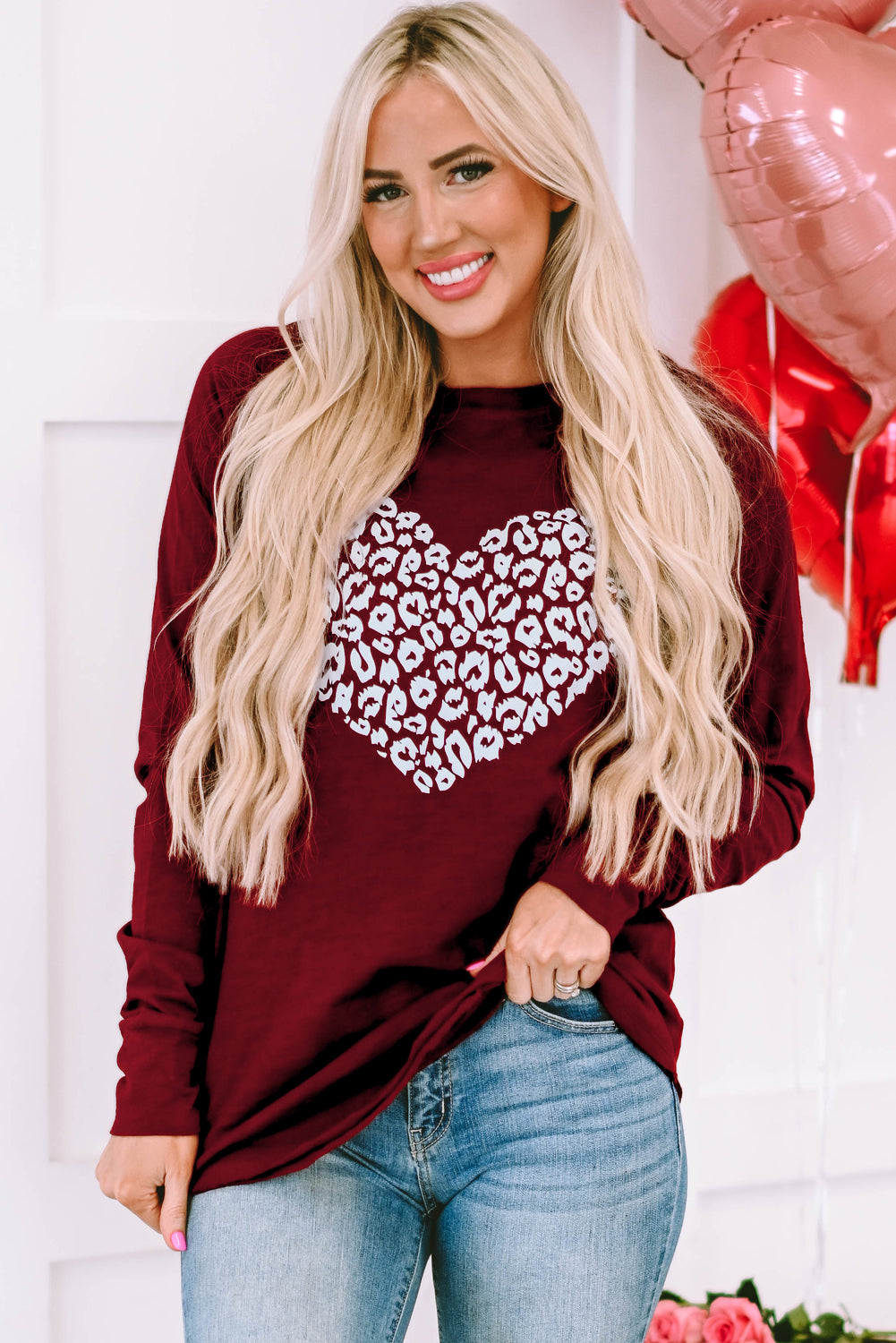 Red Leopard Heart Graphic Raglan Long Sleeve Top